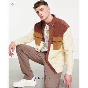 Men’s ASOS Design Oversized Corduroy Cord Shirt Brown Color Block Button Up